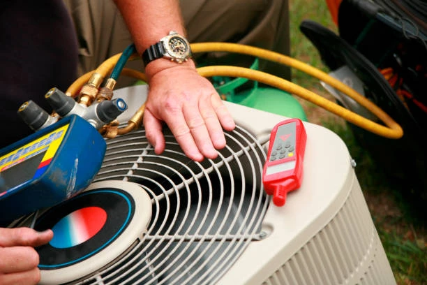 Illustrative air conditioning maintenance with gauges and a temperature meter